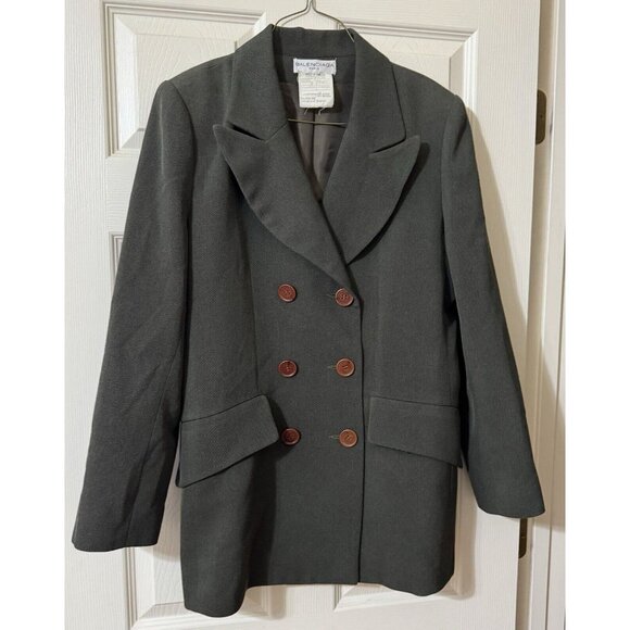 Balenciaga Paris Khaki Double Breasted Blazer Jacket Vintage 40 Hourglass Wool - Picture 11 of 13